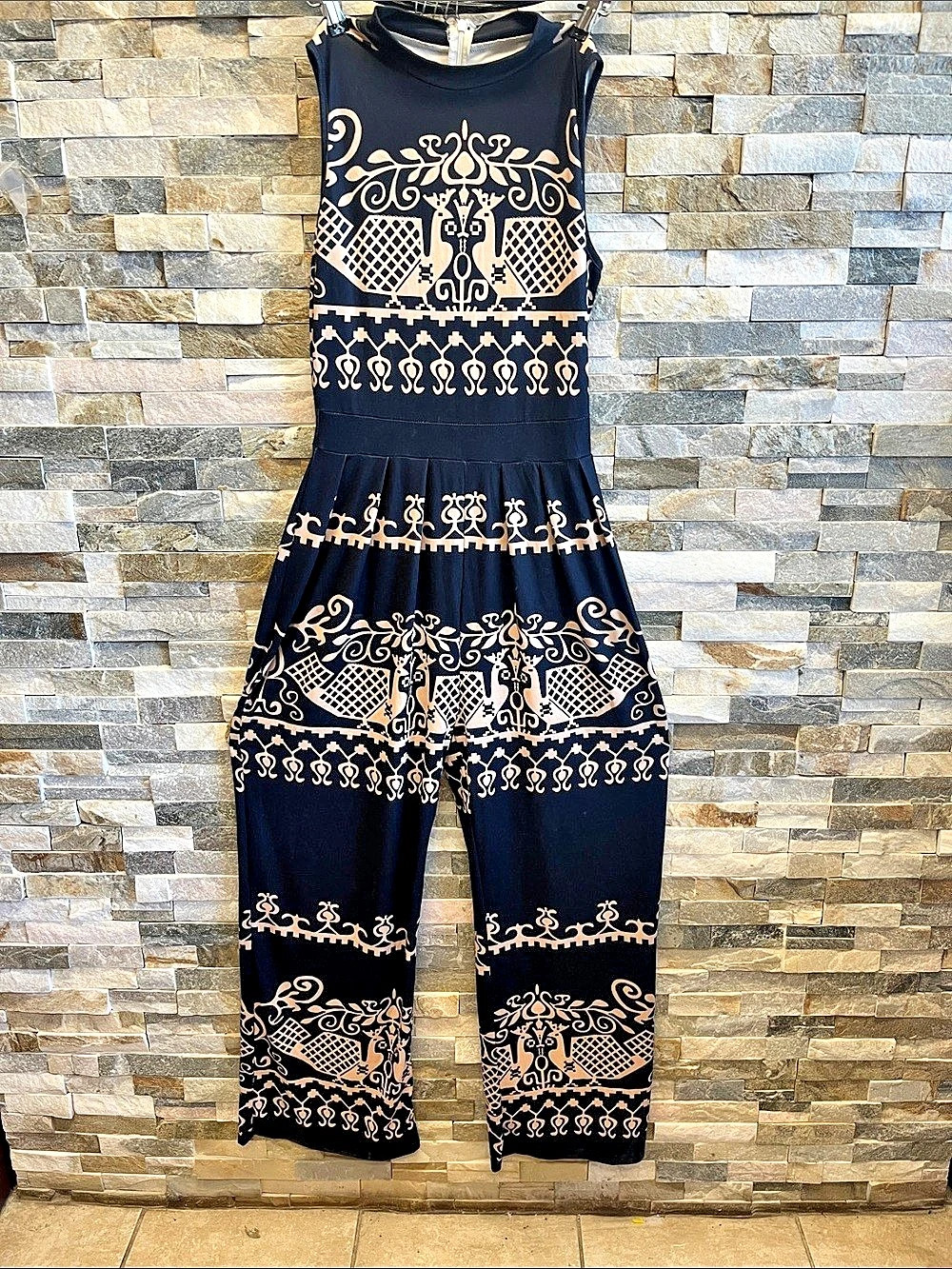 Printed Sleeveless Jumpsuit in Black & Gold Like New